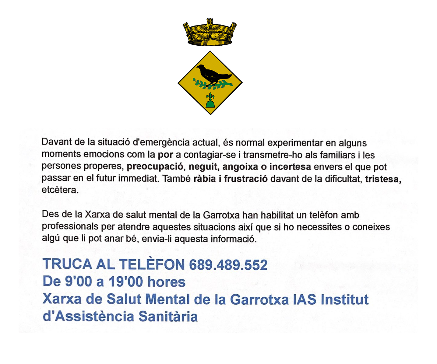 Asunto: Telefon de suport emocional 9'00 -19'00 hores